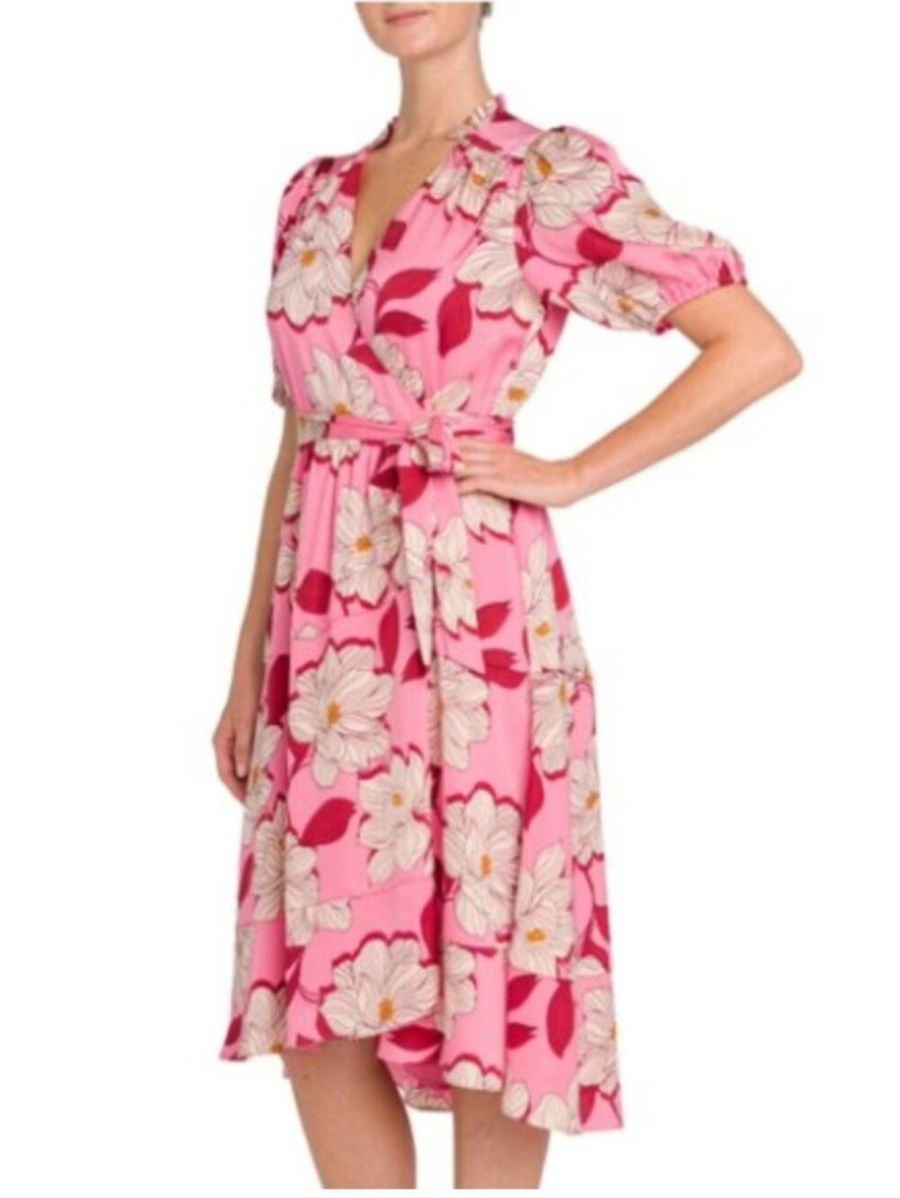 NWT Draper James  Floral Wrap Midi Dress in Pink Short Sleeve  Size XS